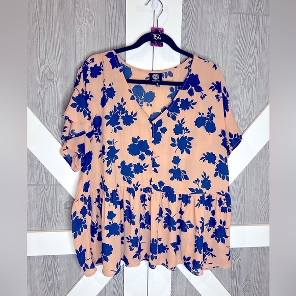 bobeau Tops - B3.13 Bobeau Pink & Blue Flowy Blouse 1X